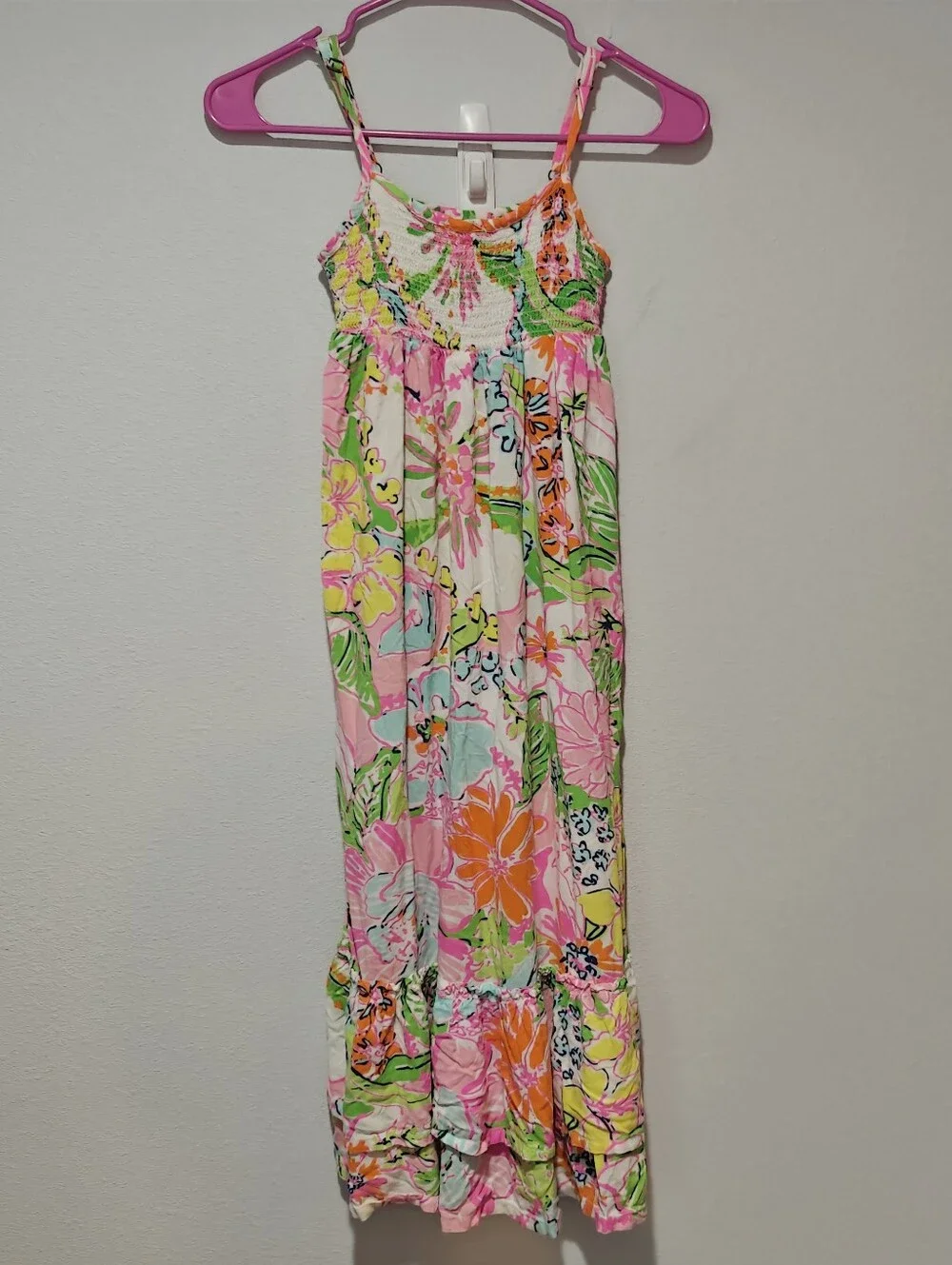 Lilly Pulitzer Smocked Nosey Posey  Maxi Dress Girls Medium 7/8 Adjustable Strap